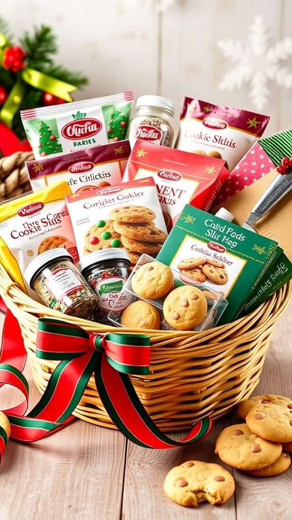 A Christmas baking basket filled with cookie mixes, sprinkles, and baking tools, decorated with a festive ribbon.